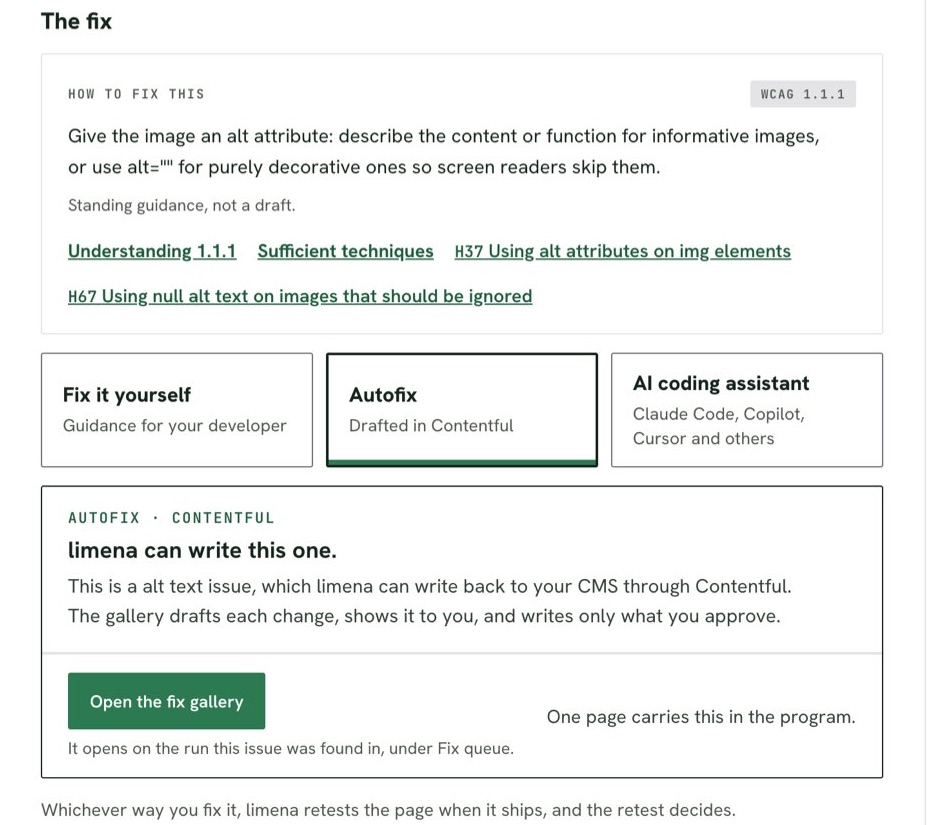 The fix for images with no text alternative: the guidance, three ways to fix it, and Autofix through Contentful, where limena drafts each change and writes only what you approve.