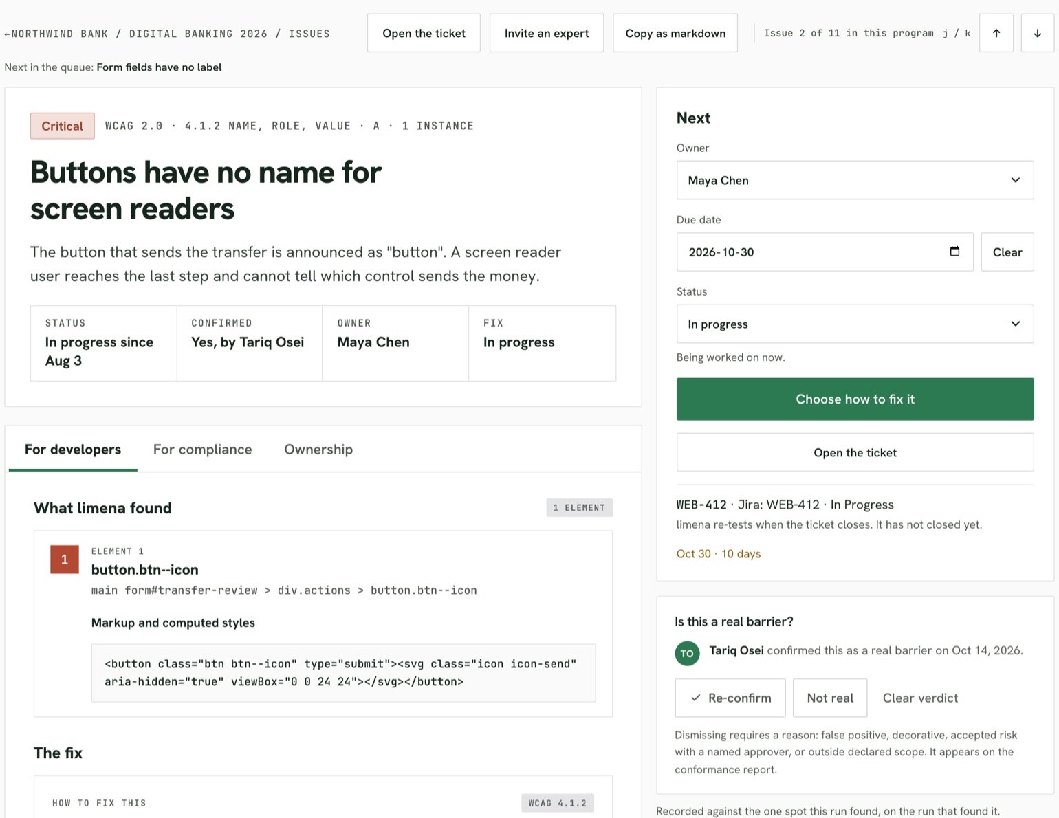 A barrier as an engineer sees it: a button with no accessible name, its selector and markup, the owner, the Jira ticket in progress, and the reviewer who confirmed it is real.