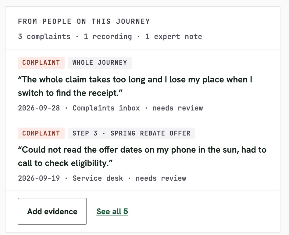 An evidence record for one journey step: the tests run, the barriers found, and their status.